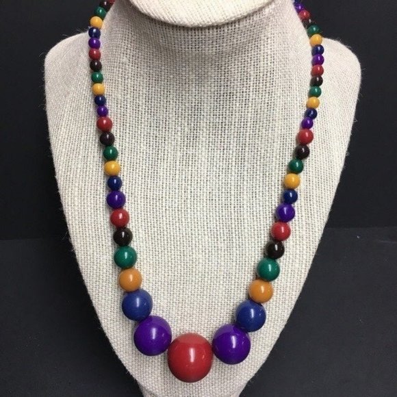 Graduated Bead Necklace Retro Multicolor Red Purple Blue Yellow Black Retro Boho - Picture 1 of 3